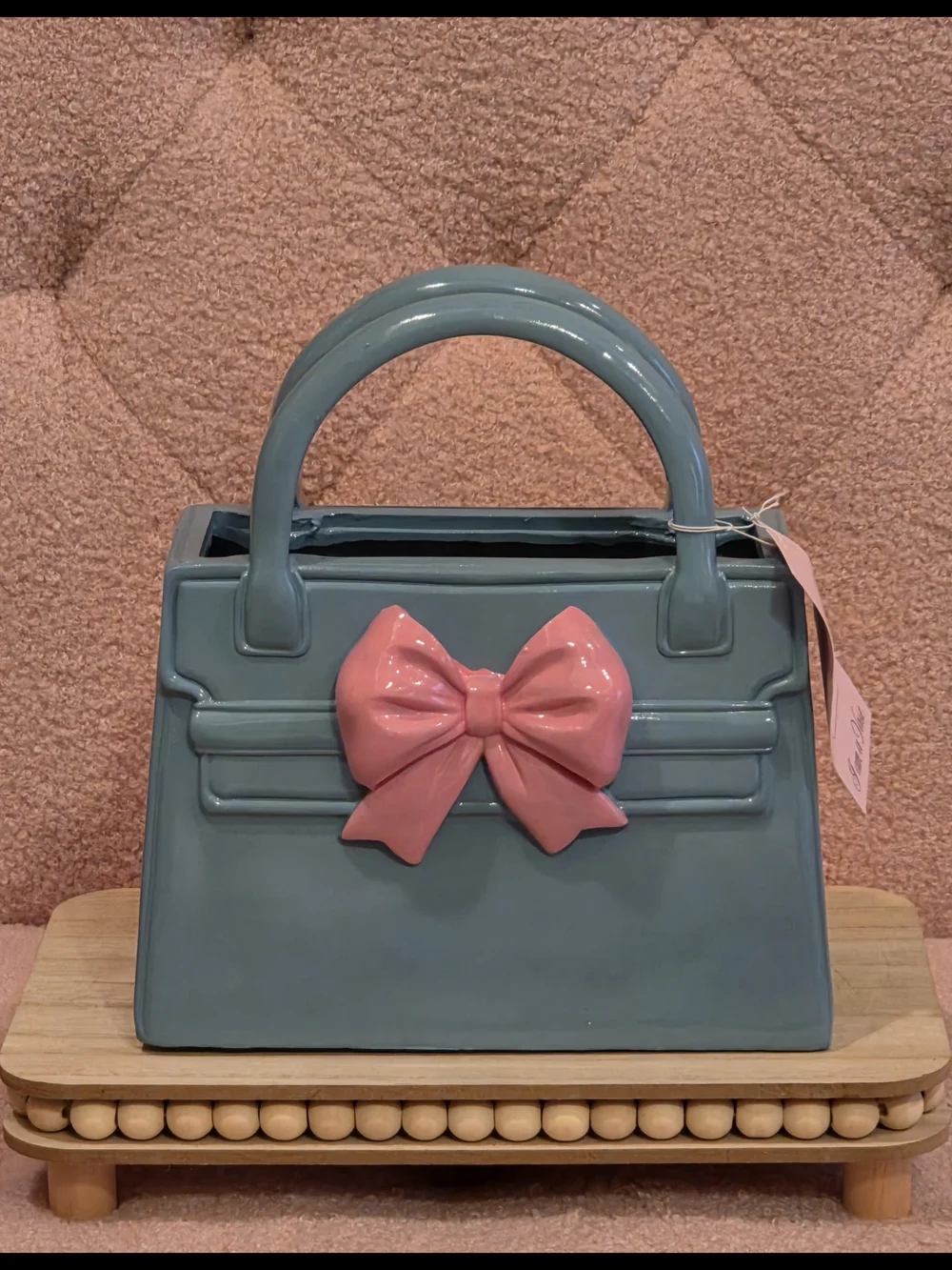 Blue Handbag with Pink Bow Accent Vase